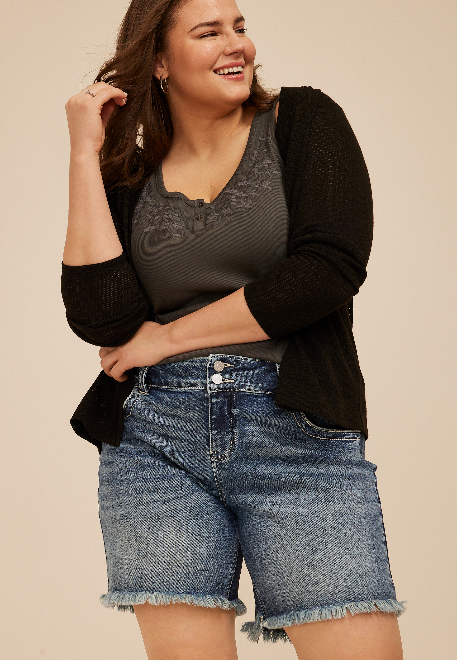 Plus Size KanCan&trade; Mid Rise Frayed Hem 8in Bermuda Short, C3337, large
