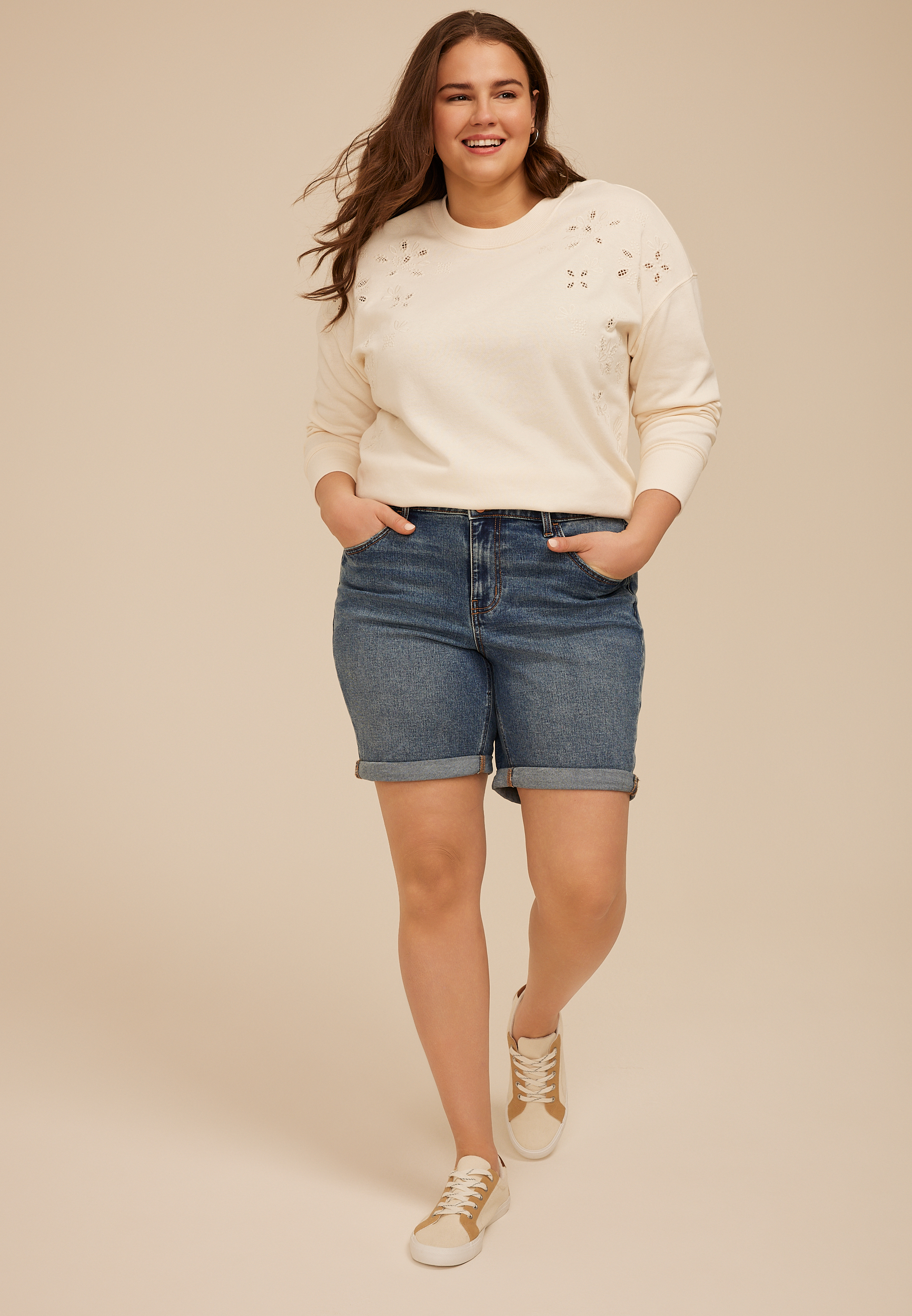 Plus Size m jeans by maurices&trade; Classic Mid Rise Double Button 8in Bermuda Short