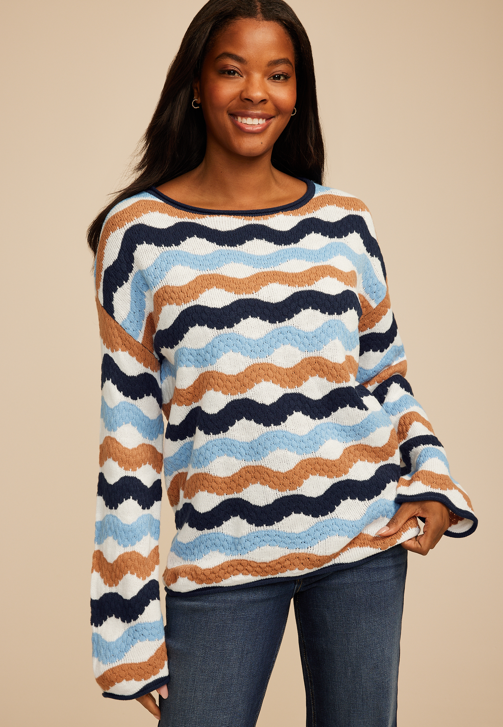 Multi Color Wave Striped Sweater, C4131, large