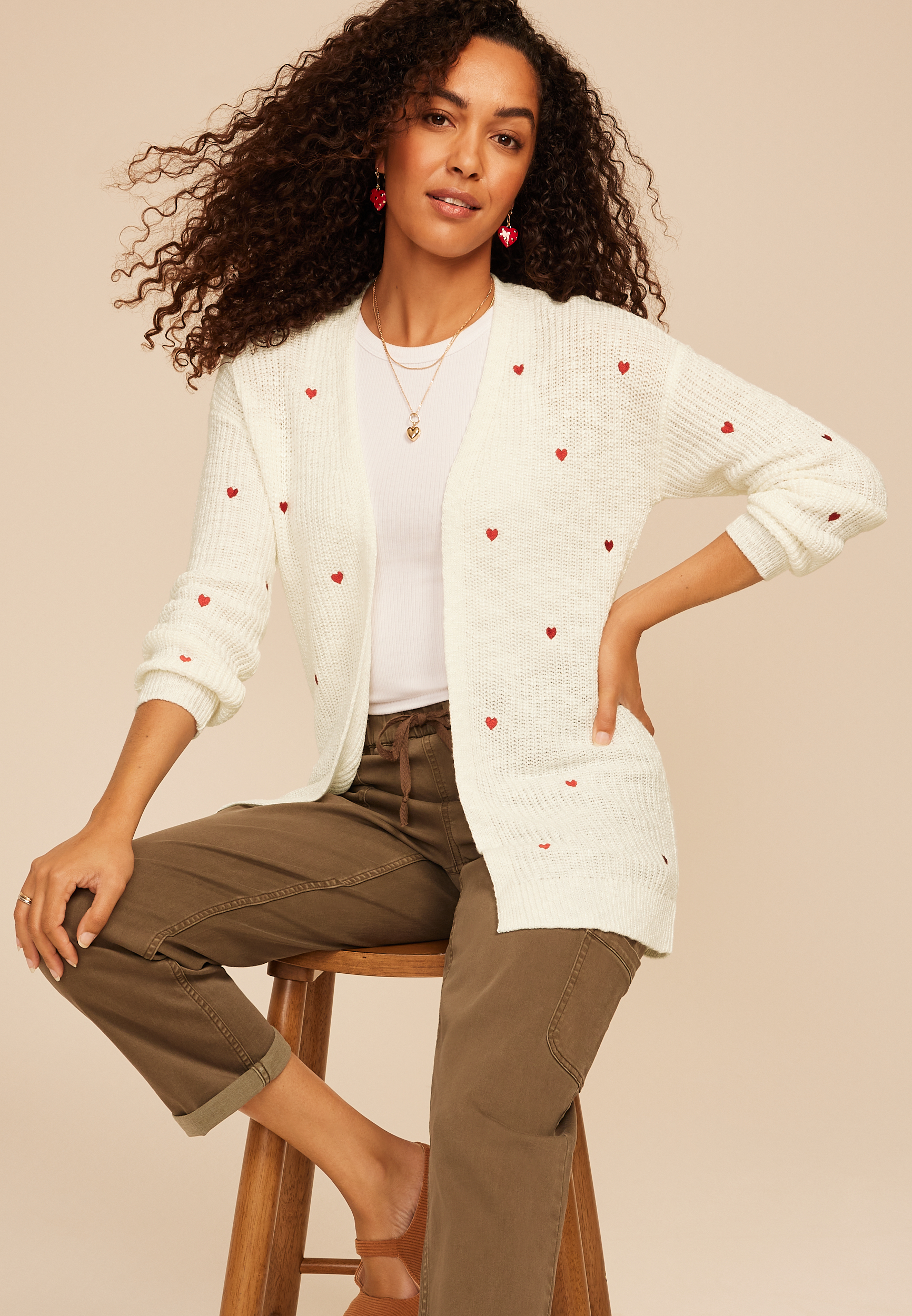 Heart Embroidered Open Front Cardigan