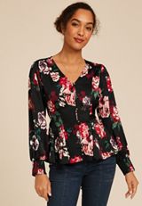 Floral Satin Peplum Blouse, , small