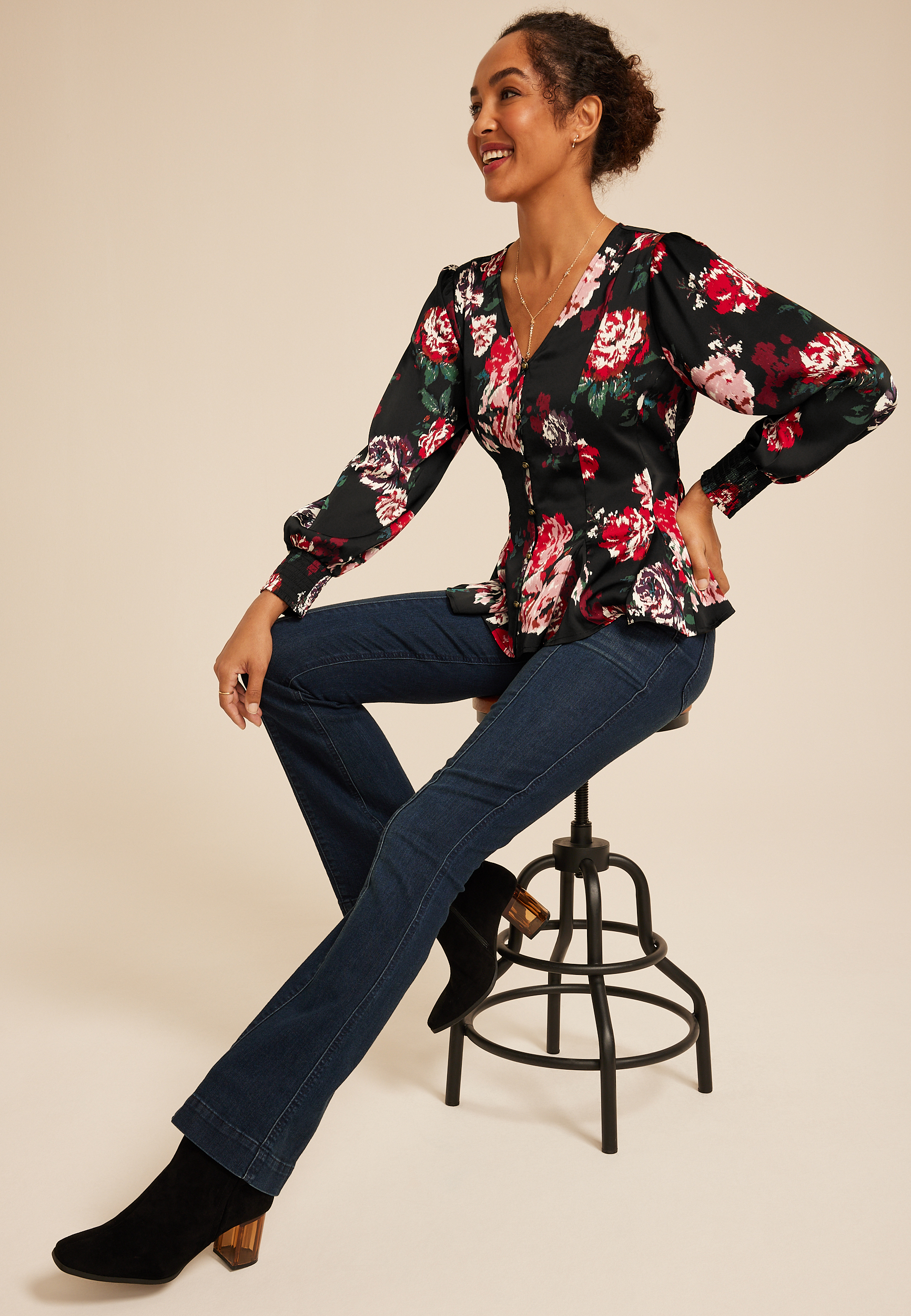 Floral Satin Peplum Blouse, , large