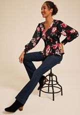 Floral Satin Peplum Blouse, , small