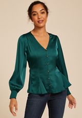 Teal Satin Peplum Blouse, , small