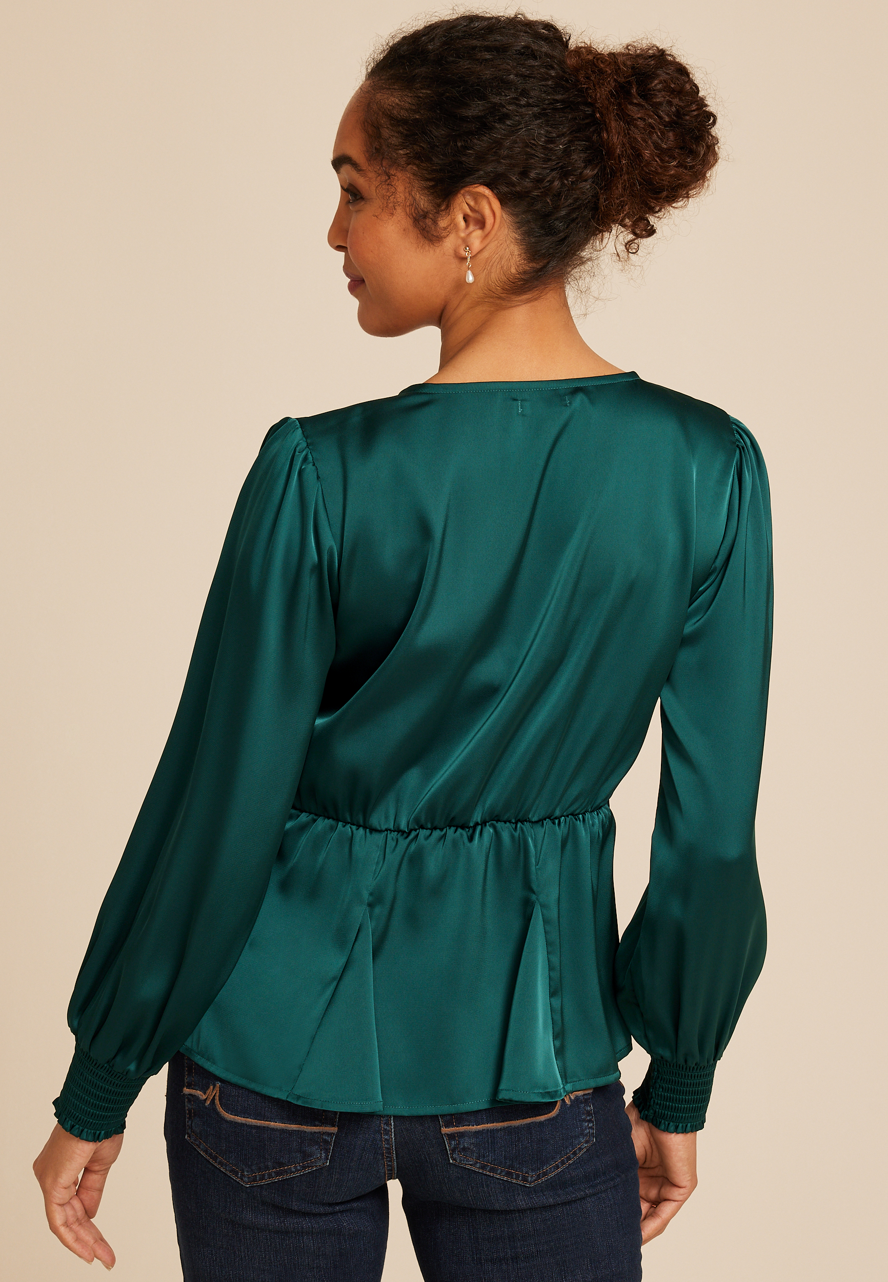 Teal Satin Peplum Blouse, , large