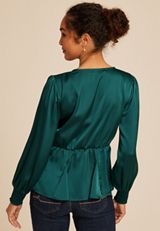 Teal Satin Peplum Blouse, , small