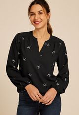 Black Bow Print V Neck Blouse, C1756, small