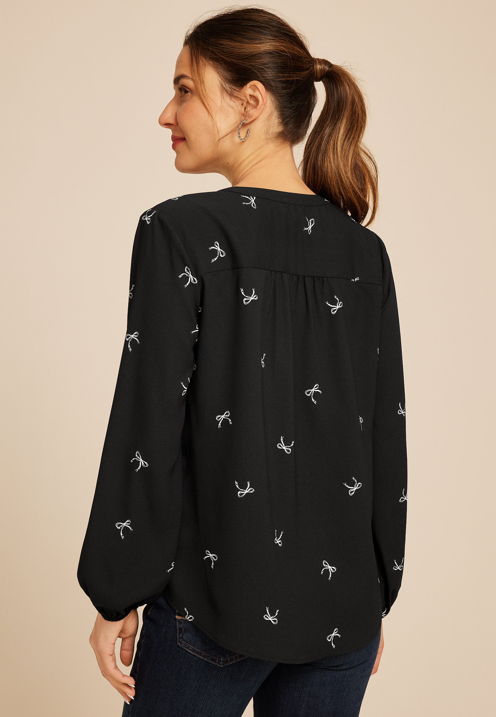 Black Bow Print V Neck Blouse, C1756, large