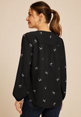 Black Bow Print V Neck Blouse, C1756, small