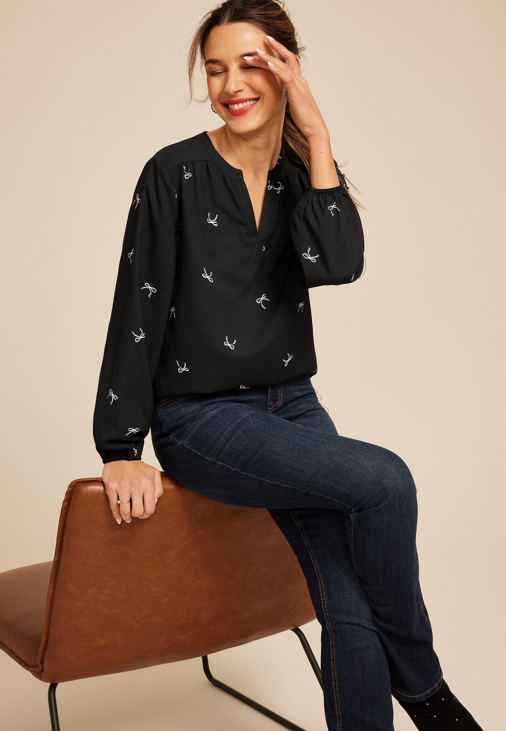 Black Bow Print V Neck Blouse, C1756, large