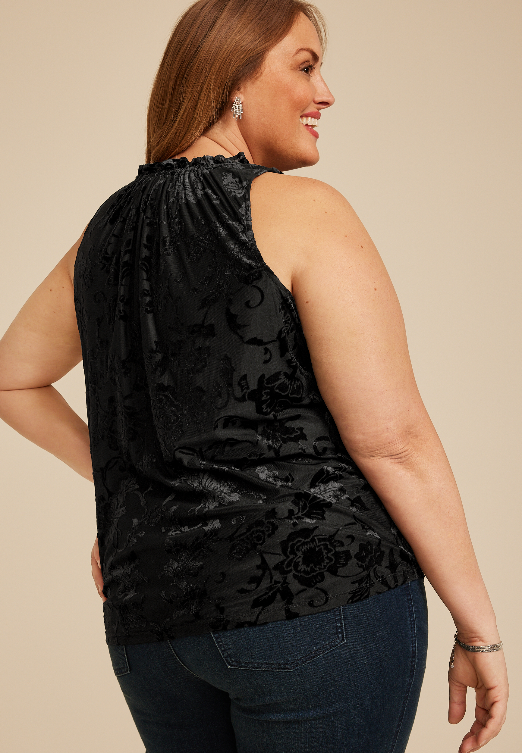 Plus Size Floral Velvet Burnout Tank Top, , large