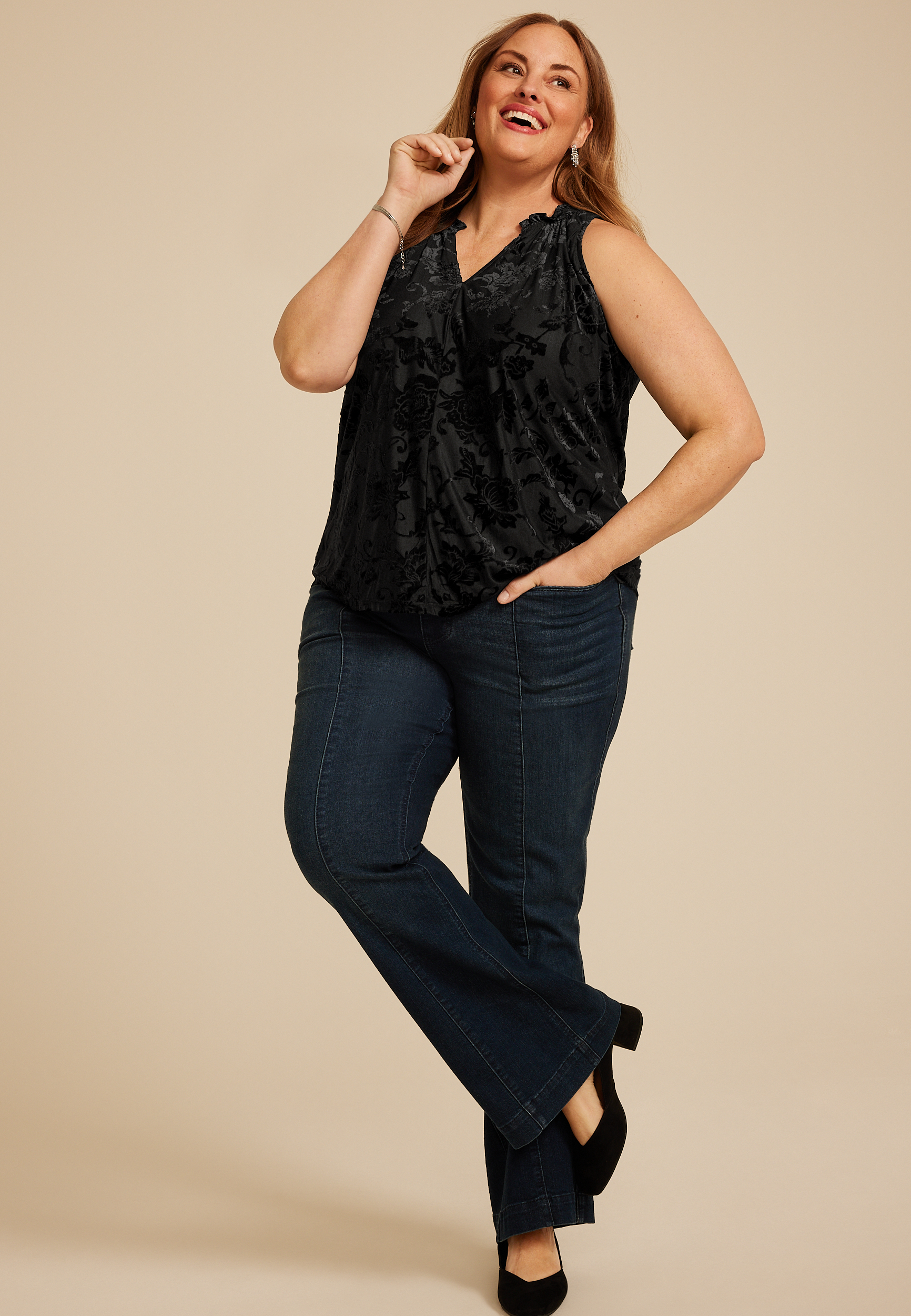 Plus Size Floral Velvet Burnout Tank Top, , large
