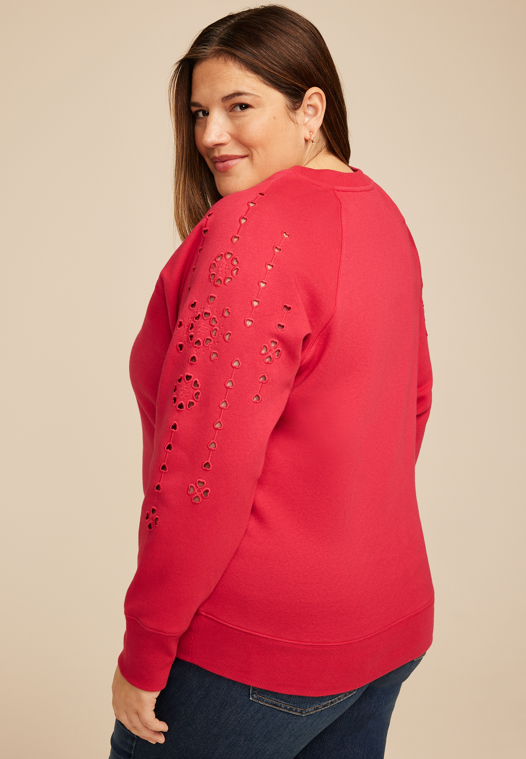 Plus Size Heart Eyelet Relaxed Fit Sweatshirt, C4744, large