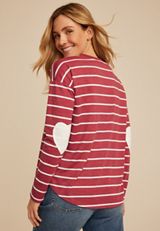 Striped Heart Elbow Patch Long Sleeve Tee, C3492, small