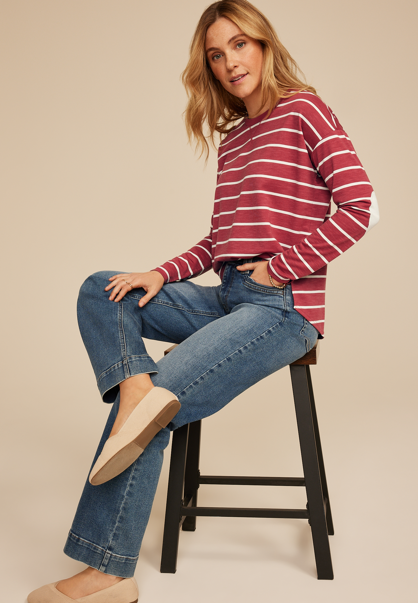 Striped Heart Elbow Patch Long Sleeve Tee, C3492, large
