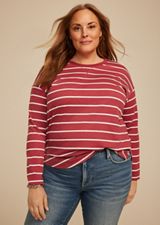 Plus Size Striped Heart Elbow Patch Long Sleeve Tee, EARTH RED COMBO, small