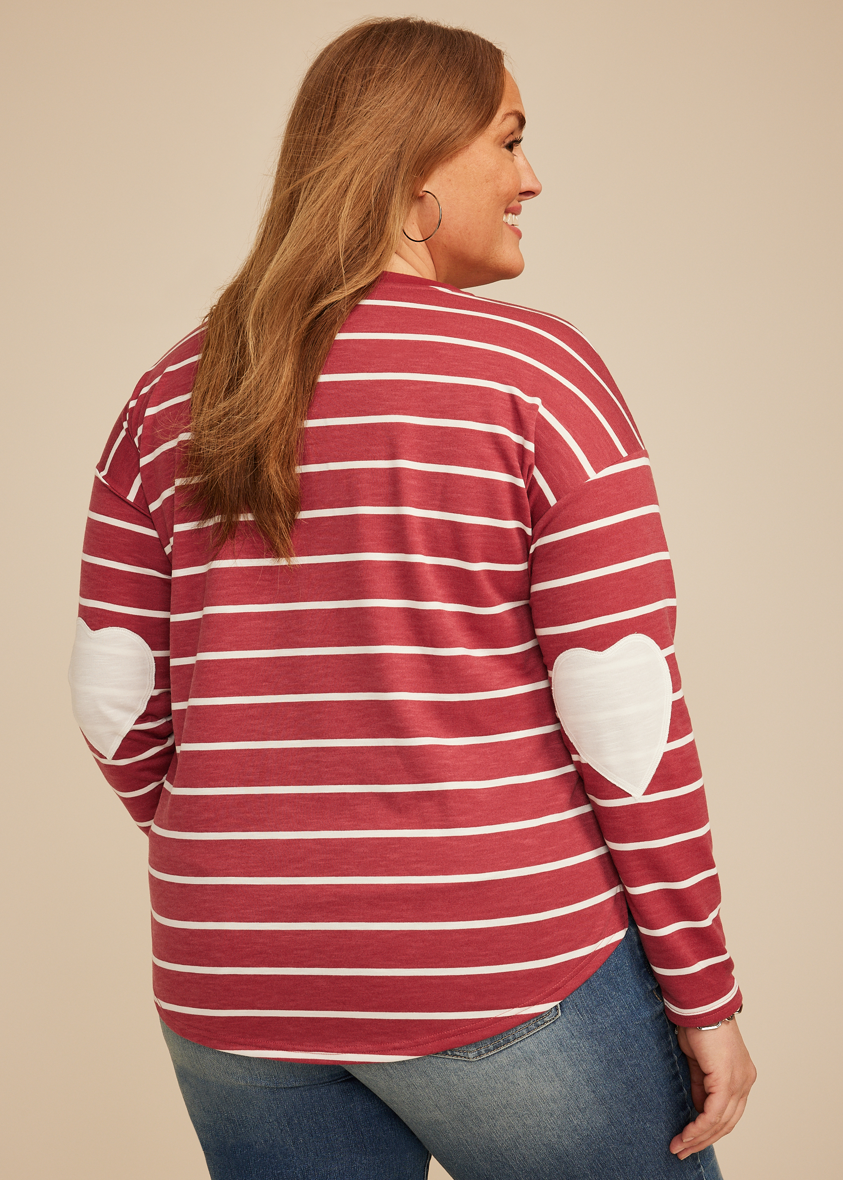 Plus Size Striped Heart Elbow Patch Long Sleeve Tee
