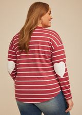 Plus Size Striped Heart Elbow Patch Long Sleeve Tee, EARTH RED COMBO, small