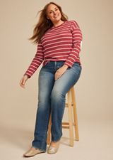 Plus Size Striped Heart Elbow Patch Long Sleeve Tee, EARTH RED COMBO, small