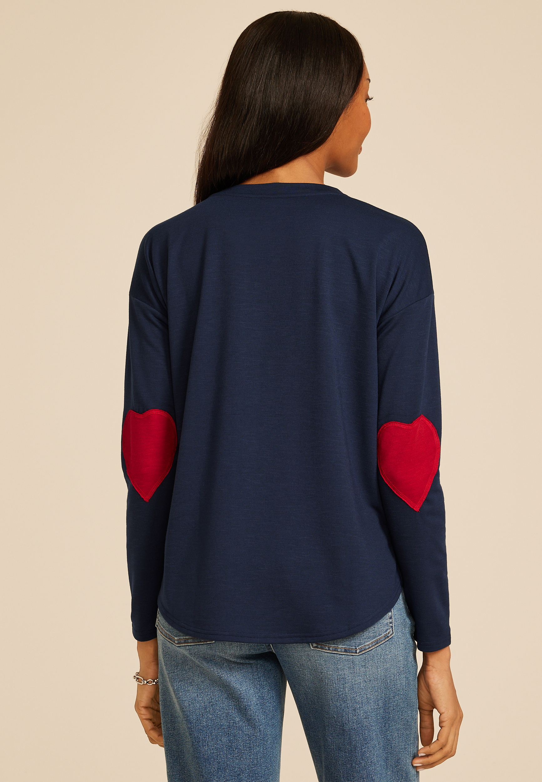 Heart Elbow Patch Long Sleeve Tee, BLUE JASMINE, large