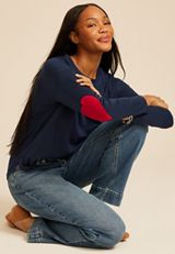 Heart Elbow Patch Long Sleeve Tee, BLUE JASMINE, small