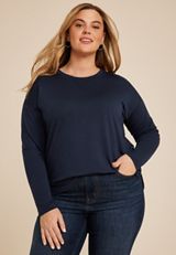Plus Size Heart Elbow Patch Long Sleeve Tee, BLUE JASMINE, small