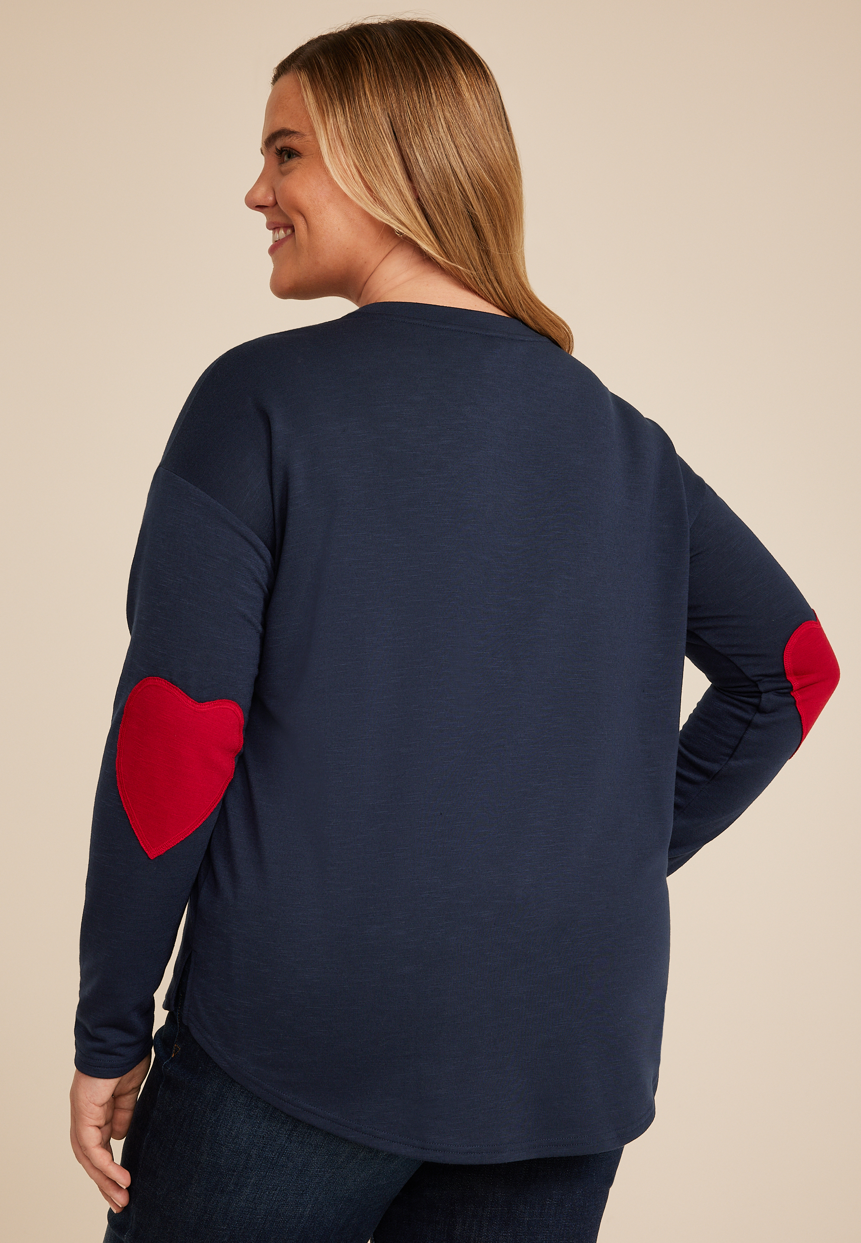Plus Size Heart Elbow Patch Long Sleeve Tee, BLUE JASMINE, large
