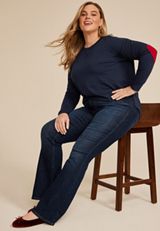 Plus Size Heart Elbow Patch Long Sleeve Tee, BLUE JASMINE, small