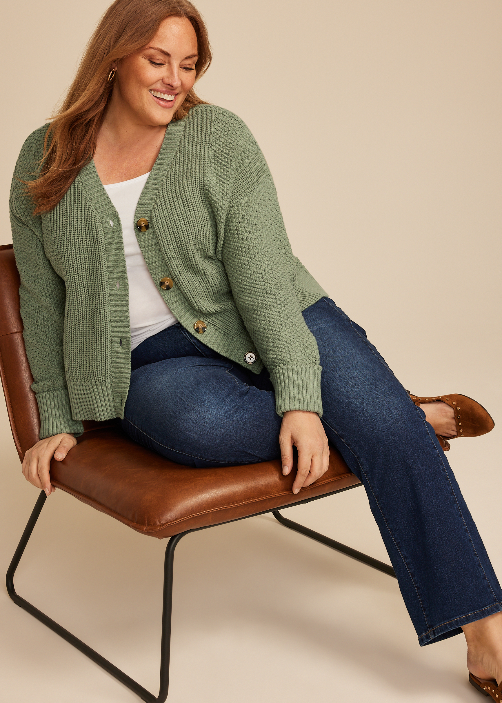 Plus Size Mixed Stitch Button Front Cardigan, C7225, large