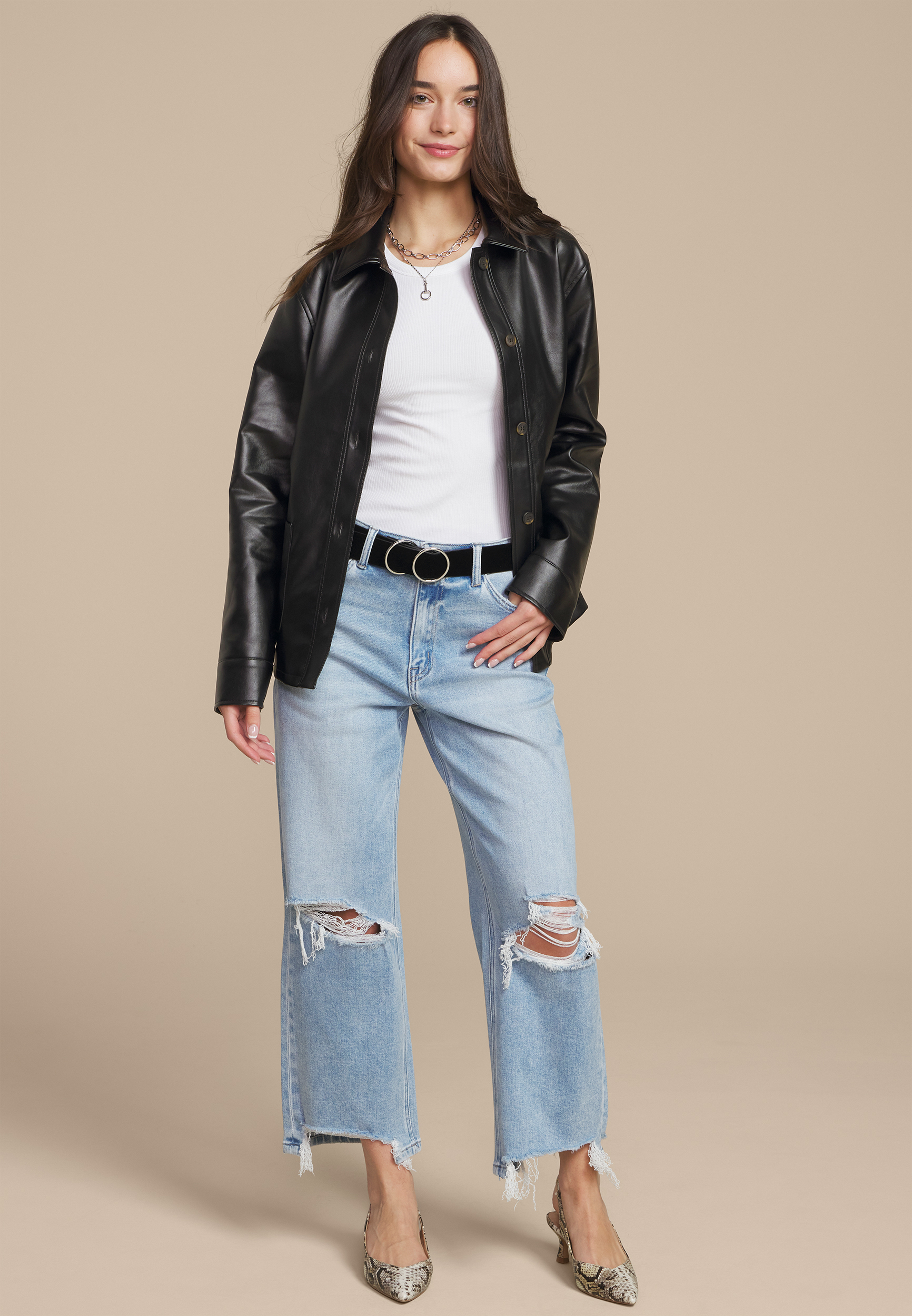 Faux Leather Shacket, BLACK, large