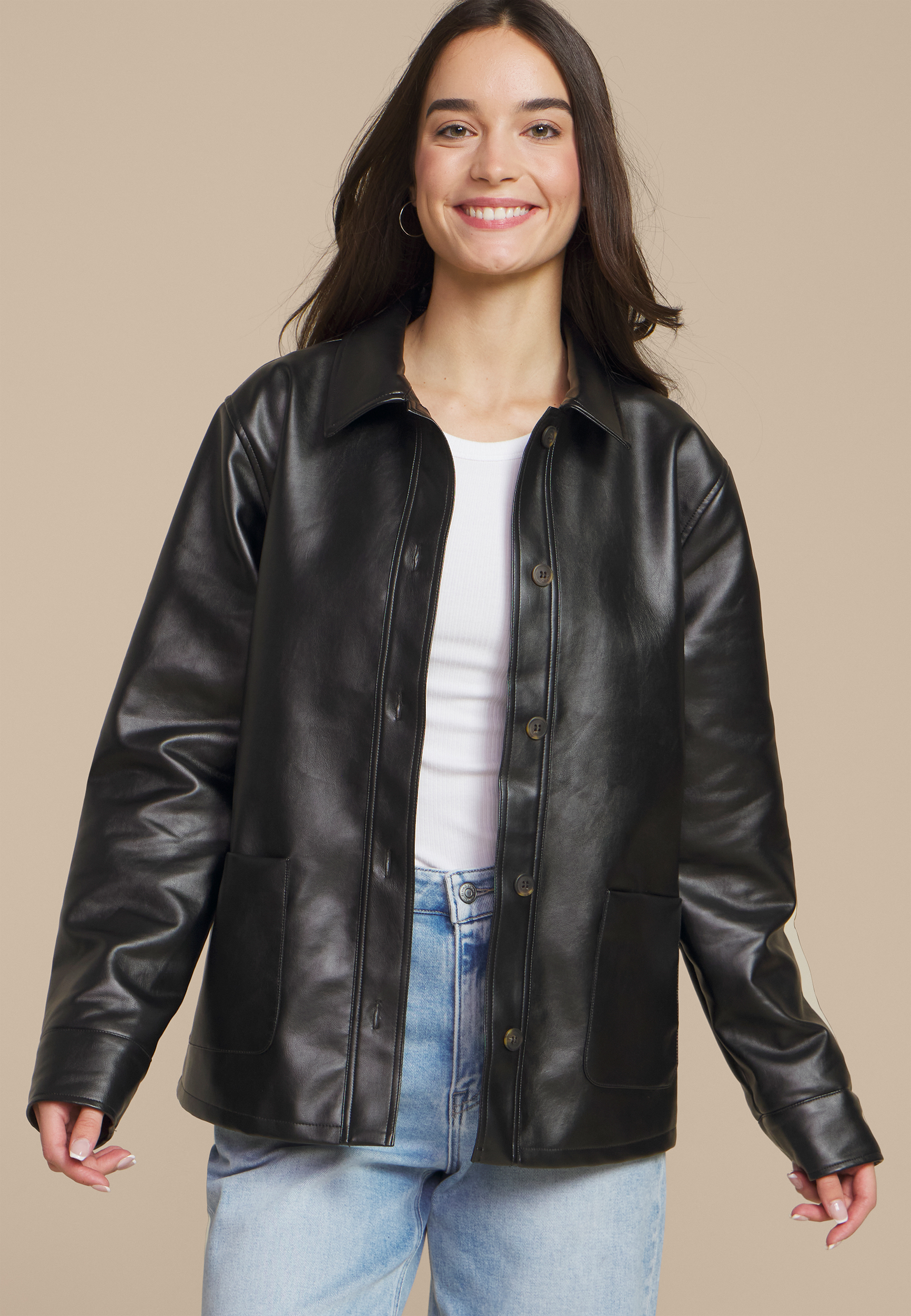 Faux Leather Shacket, BLACK, large