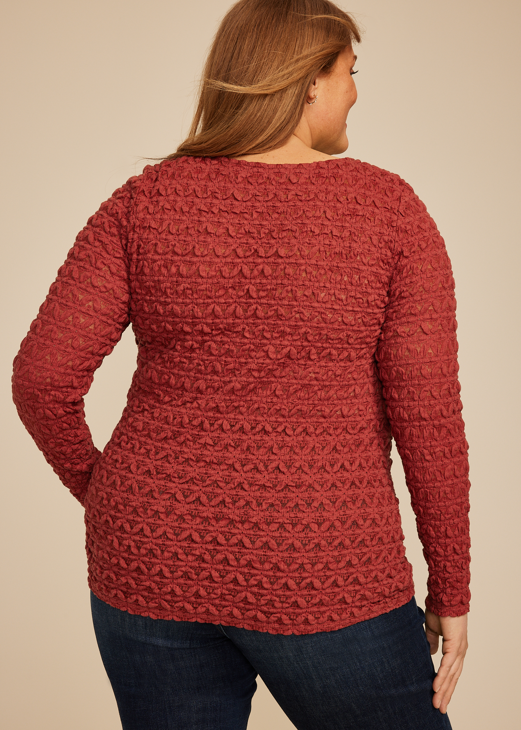 Plus Size Textured Boat Neck Long Sleeve Tee, C3518, large