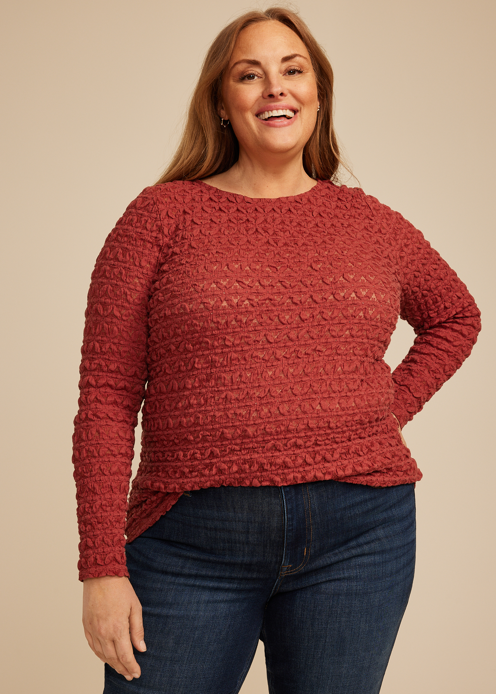 Plus Size Textured Boat Neck Long Sleeve Tee, C3518, large