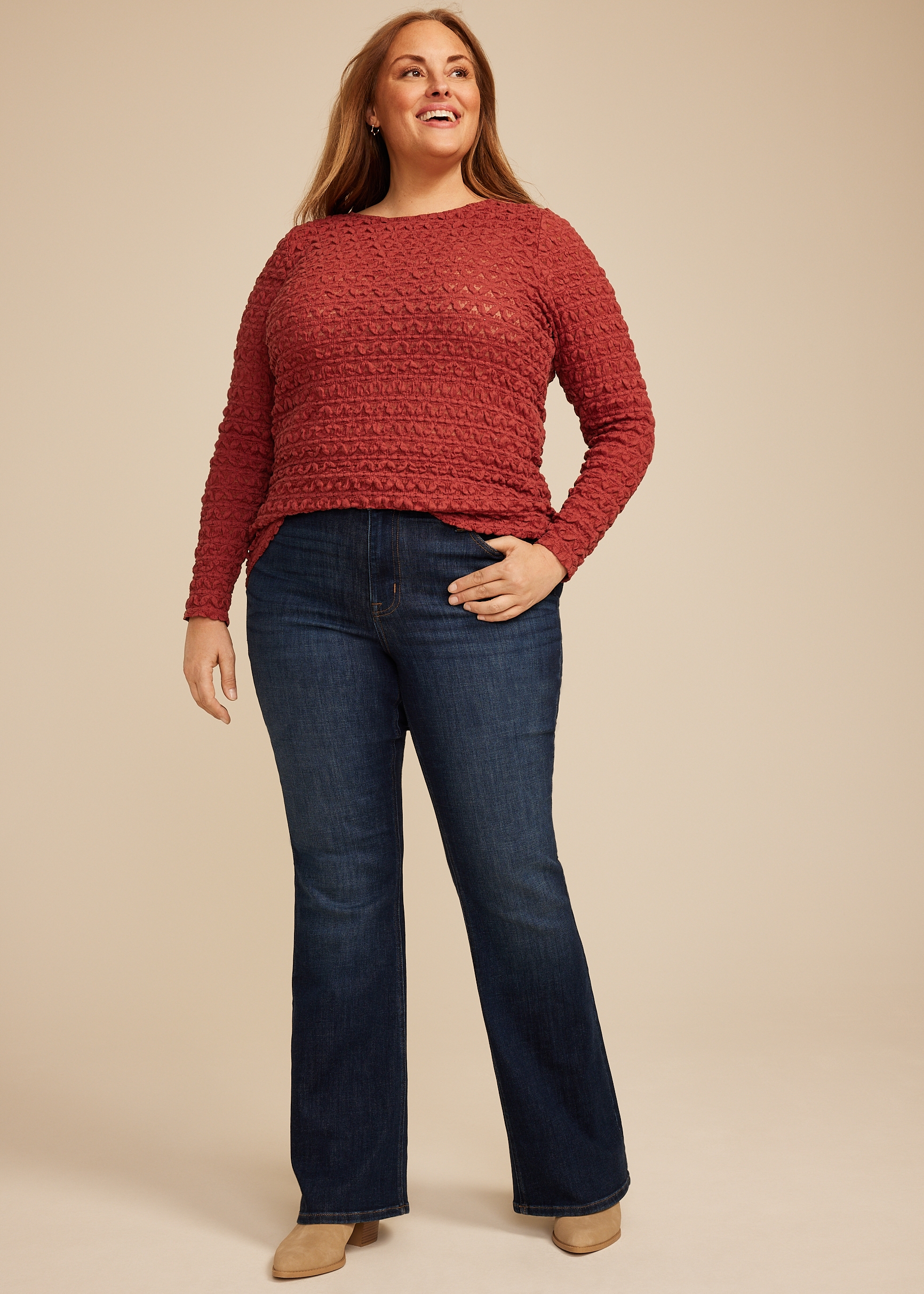 Plus Size Textured Boat Neck Long Sleeve Tee, C3518, large