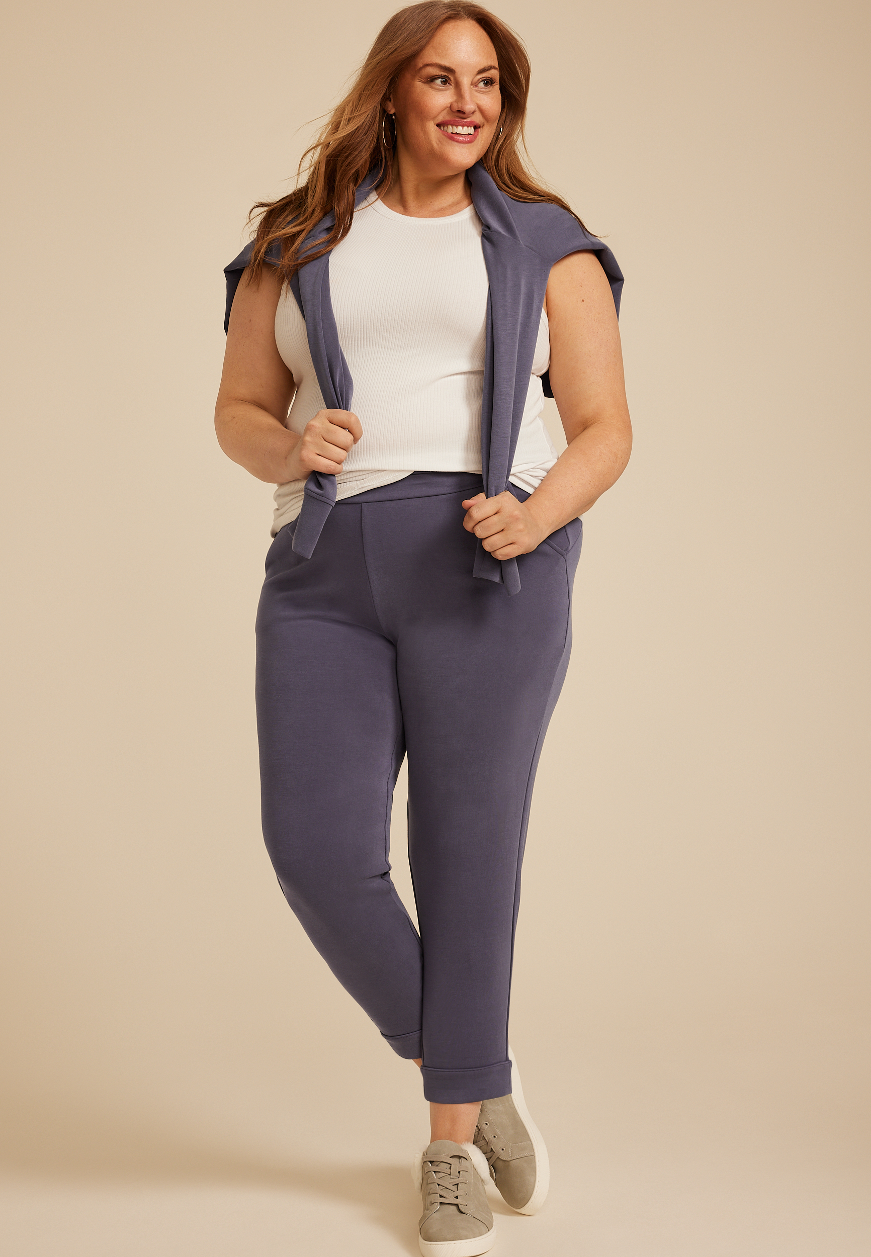 Plus Size Cloud Scuba Knit High Rise Tapered Pant, SHADOW BLUE, large
