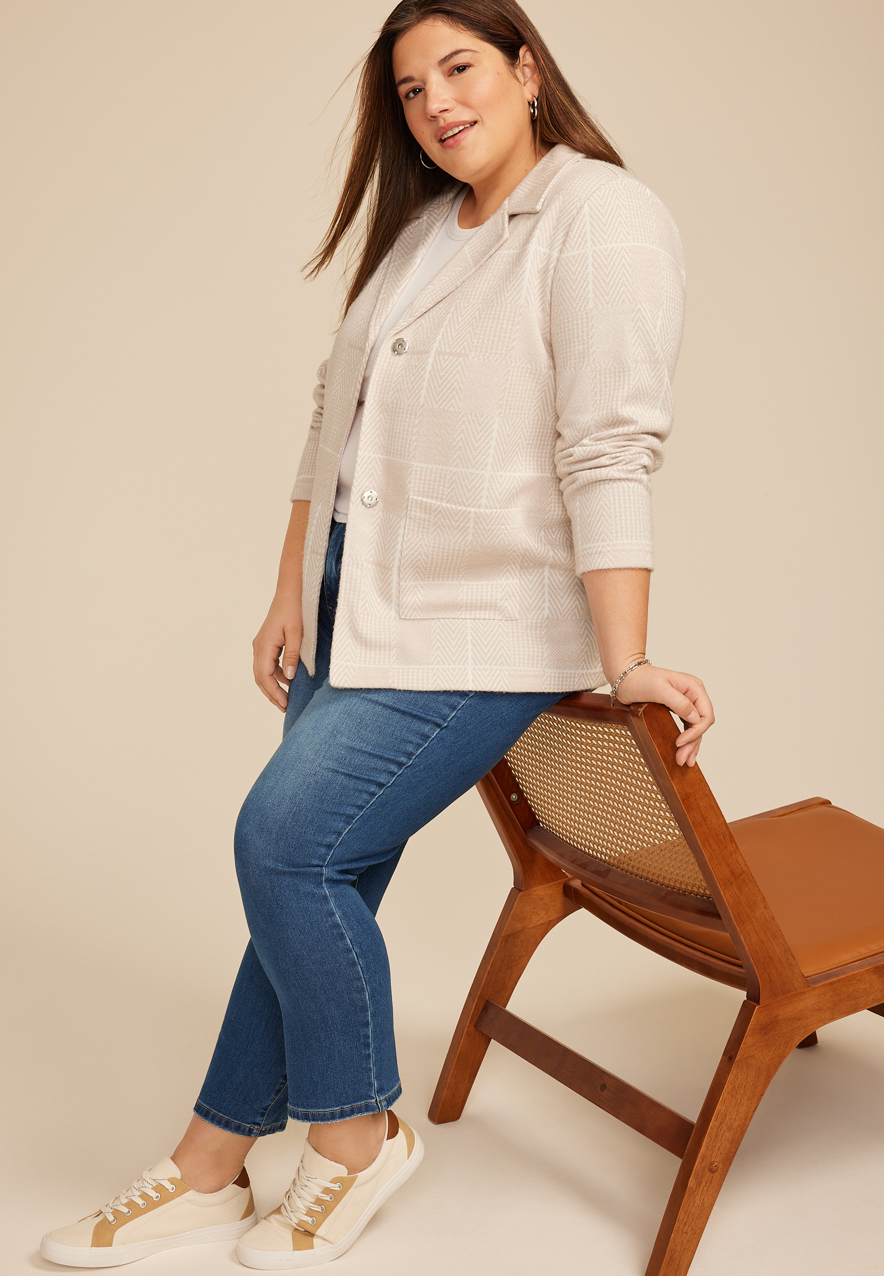 Plus Size Neutral Houndstooth Blazer, C5292, large
