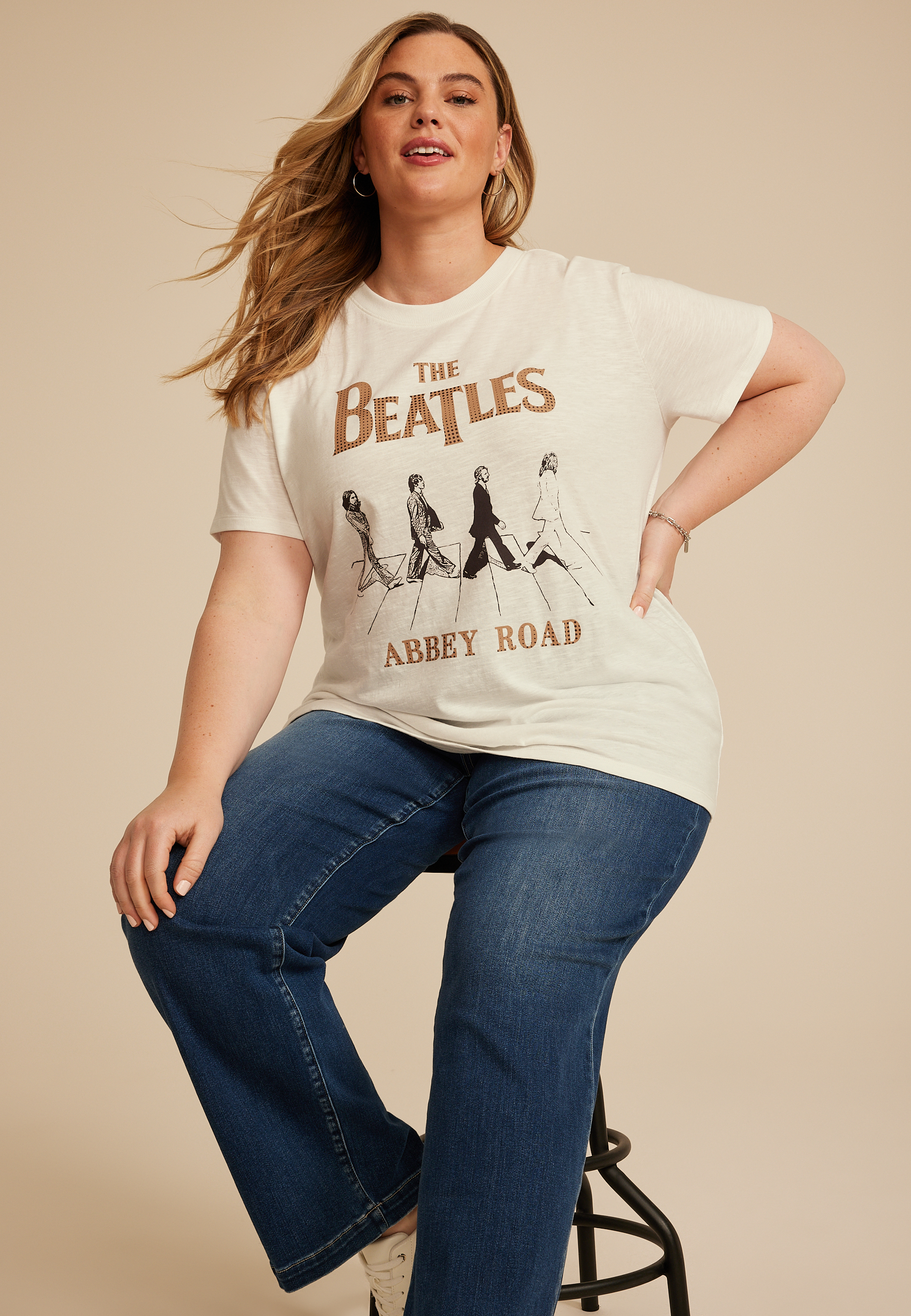 Plus Size Beatles Oversized Fit Graphic Tee, SOFT WHITE, large