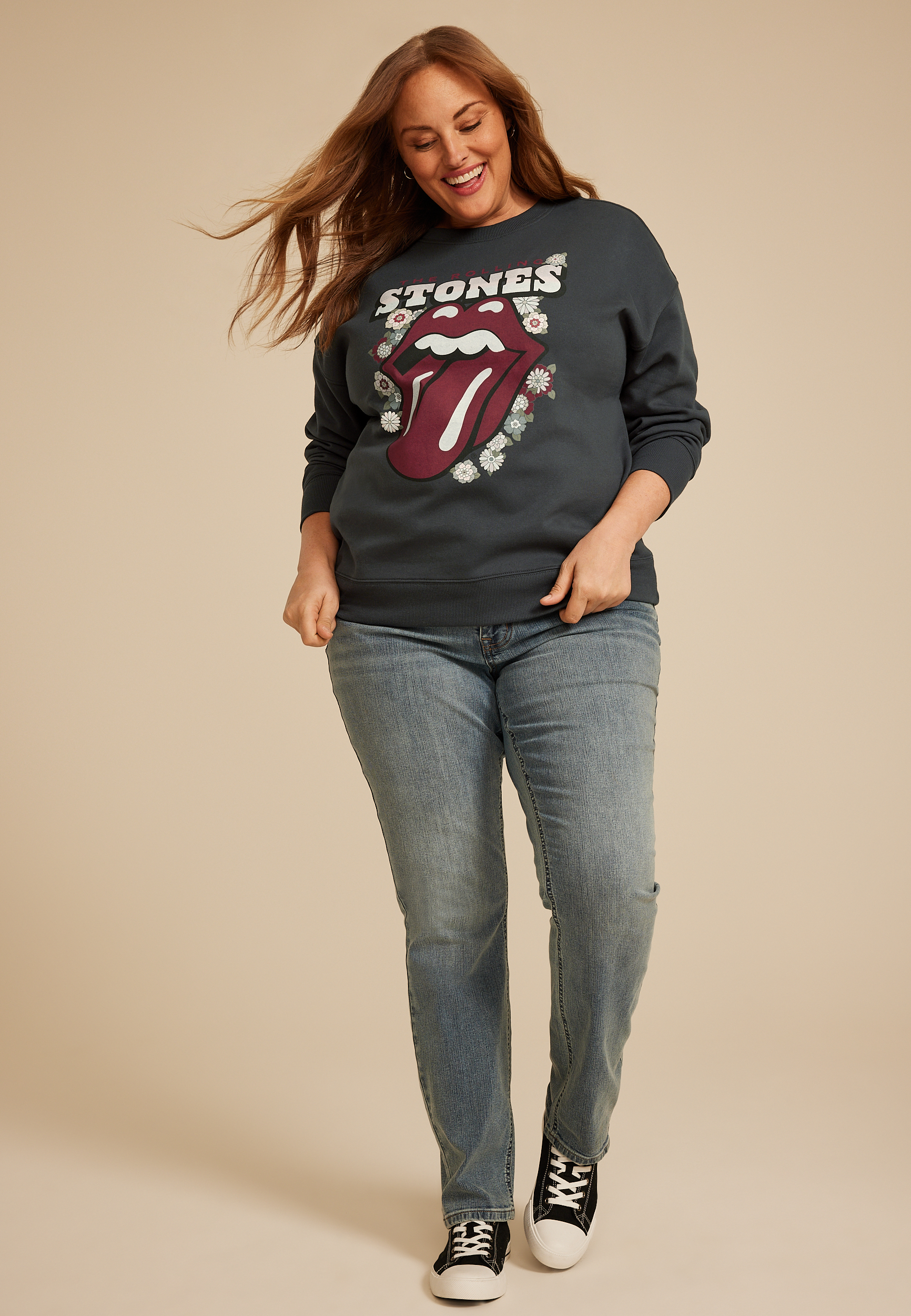 Plus Size Rolling Stones Relaxed Fit Sweatshirt, CHARCOAL, large