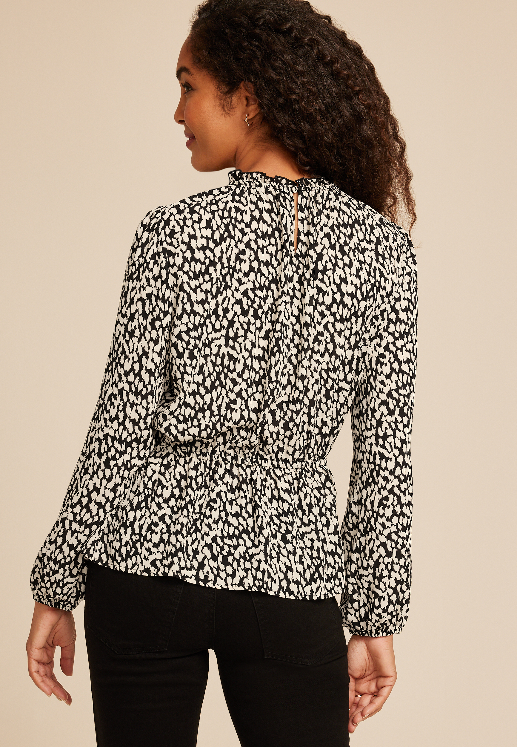 Abstract Peplum Smocked Waist Blouse, C1756, large