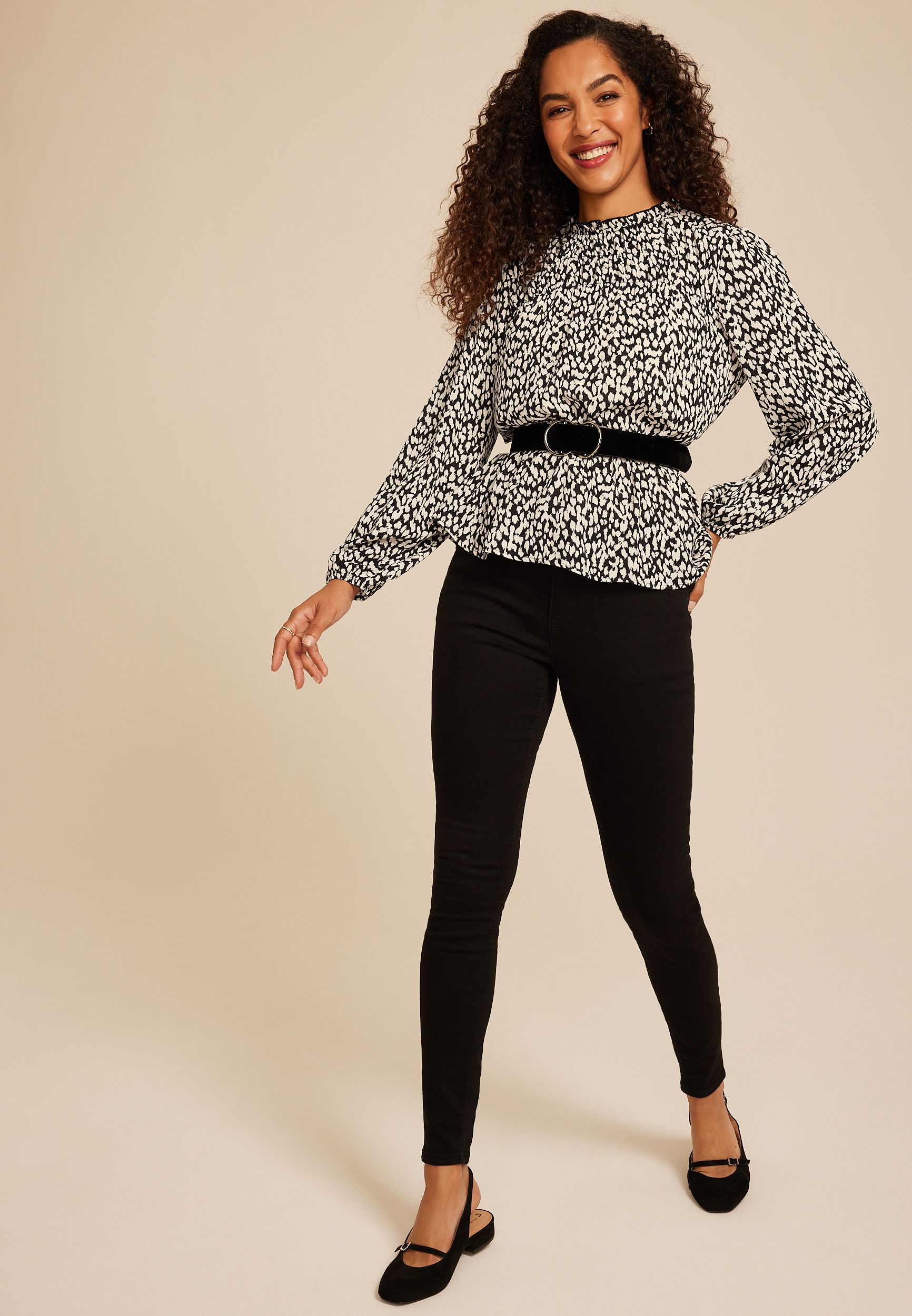Abstract Peplum Smocked Waist Blouse, C1756, large
