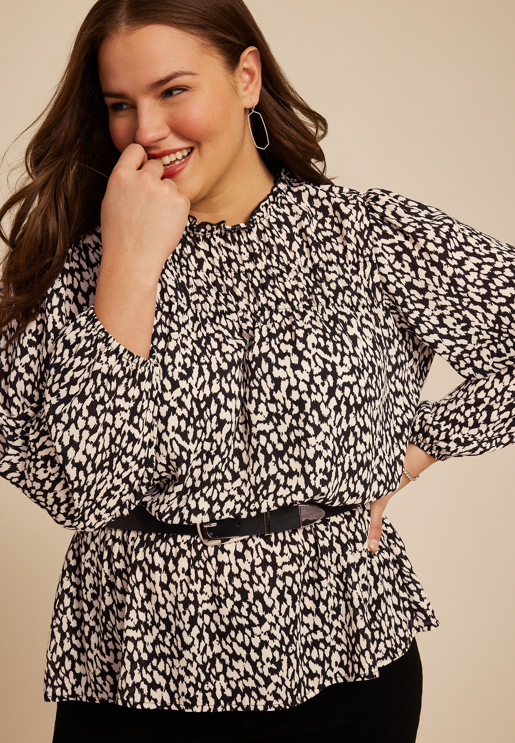 Plus Size Abstract Peplum Smocked Waist Blouse, C1756, large