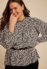 Plus Size Abstract Peplum Smocked Waist Blouse, C1756, small
