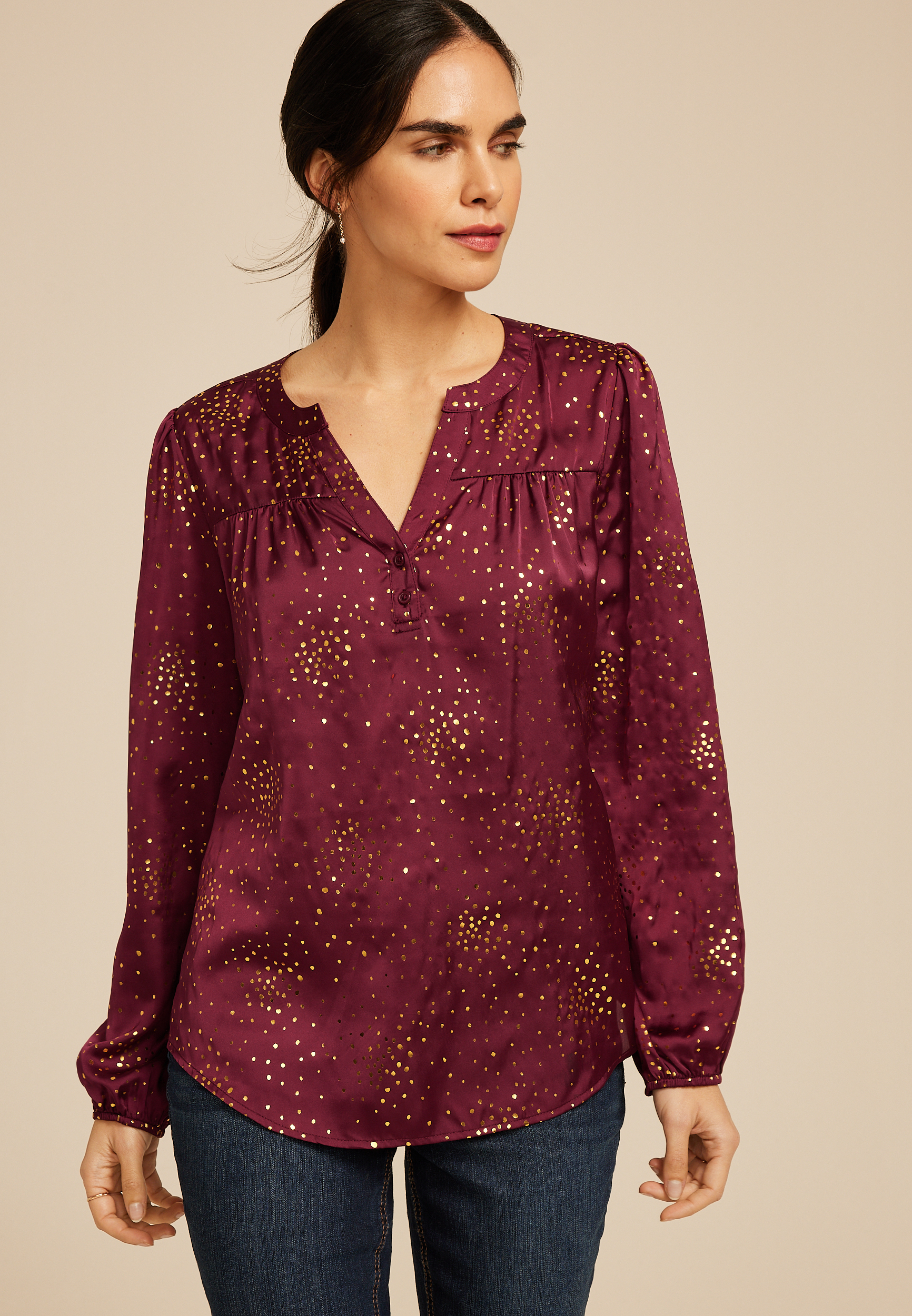 Metallic Dot Henley V Neck Satin Blouse