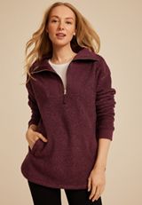 Quarter Zip Sherpa Tunic Sweatshirt, FIG, small