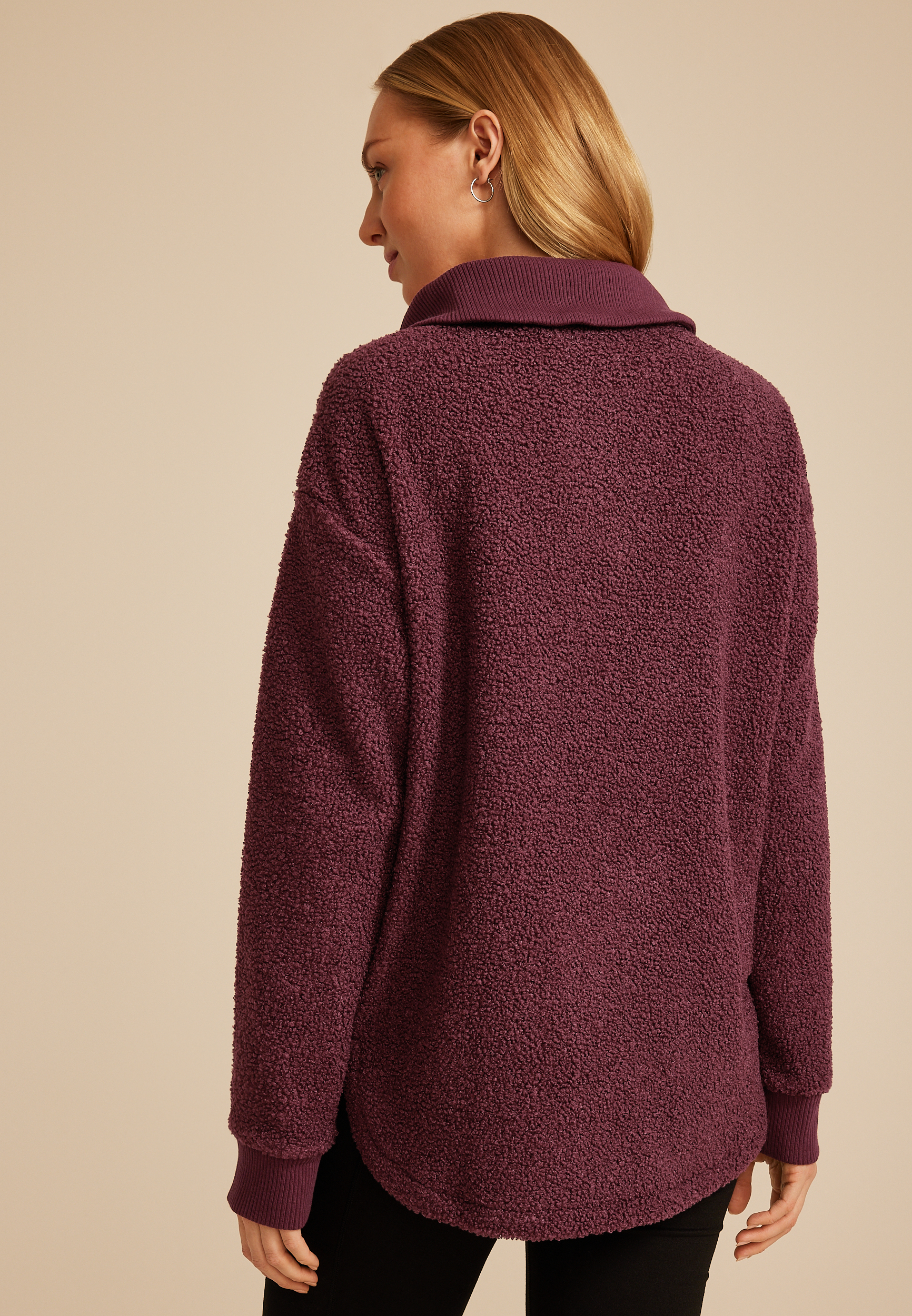 Quarter Zip Sherpa Tunic Sweatshirt, FIG, large