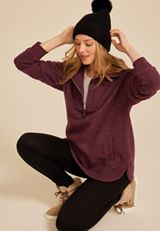 Quarter Zip Sherpa Tunic Sweatshirt, FIG, small