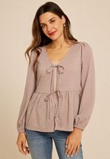 Textured Bow Tie V Neck Top, C1854, small