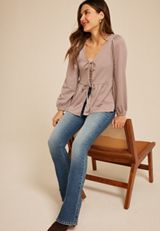 Textured Bow Tie V Neck Top, C1854, small