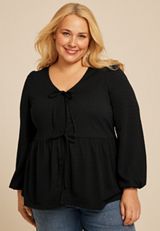 Plus Size Textured Bow Tie V Neck Top, BLACK, small