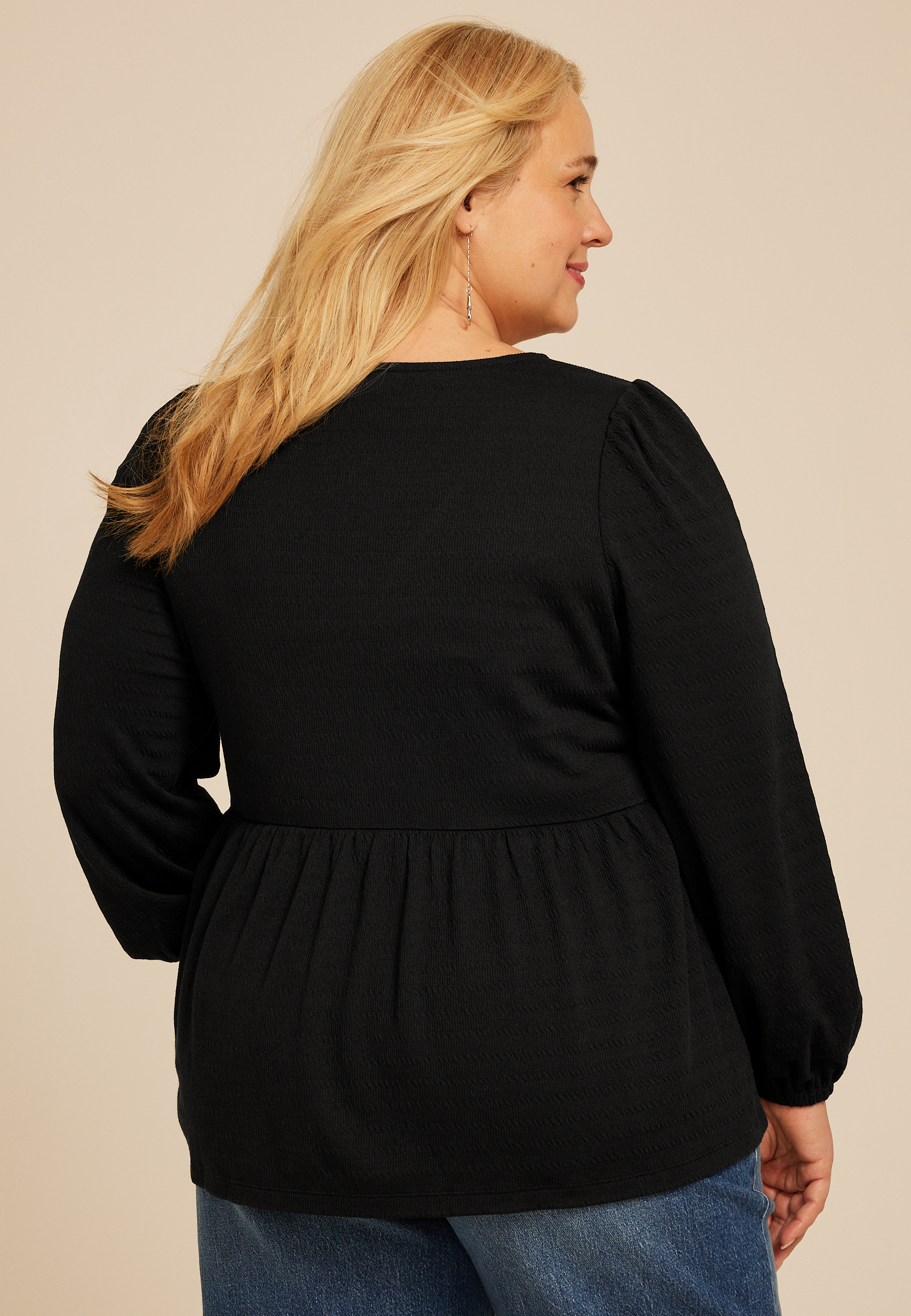 Plus Size Textured Bow Tie V Neck Top, BLACK, large